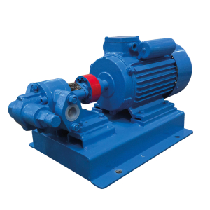 Bomba de engrenagem elétrica azul com motor acoplado e base metálica, mostrando o conjunto montado em ferro fundido.