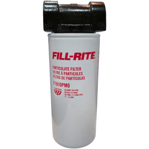 Filtro de Alta Capacidade para Combustível Fill-Rite, acoplado a um cabeçote de montagem preto. O filtro é de cor branca com escritas em vermelho, indicando as informações do produto.