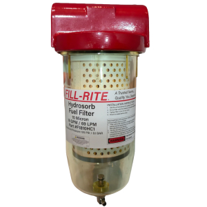 Filtro Detector de Água e Partículas até 10 Micra para Combustíveis da marca Fill-Rite possui um corpo transparente para visualização. O filtro possui capacidade de fluxo de 80 L\min e suporte superior na cor vermelha.