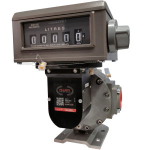 Medidor mecânico para combustível Fill-Rite MIX-10324 em cinza e preto, exibindo o contador analógico de 5 dígitos para litros. Detalhe lateral do botão de zeramento e corpo metálico robusto com selos de segurança.