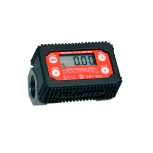 O Medidor de vazão digital possui um corpo robusto em alumínio preto e detalhes em vermelho. O dispositivo possui um visor LCD central exibindo '0.00' e quatro botões de função (Total/On, Reset, Cal e Rate). A lateral mostra uma entrada de rosca de 1 pole