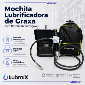 Mochila lubrificadora de graxa com bateria recarregável Lubmix 24V, medidor digital e mangueira para lubrificação industrial