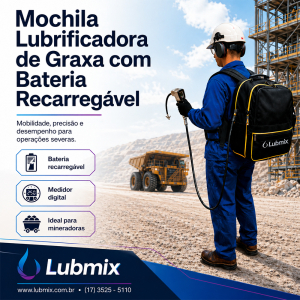 Mochila lubrificadora de graxa com bateria recarregável Lubmix para mineração, com medidor digital e operador em ambiente industrial