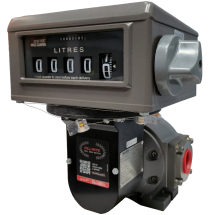 Medidor mecânico para combustível Fill-Rite MIX-10323 em cinza e preto, exibindo o contador analógico de 5 dígitos para litros. Detalhe lateral do botão de zeramento e corpo metálico robusto com selos de segurança.