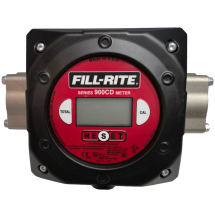 Medidor digital de transferência para combustível Fill-Rite MIX-10325, com corpo preto, painel central vermelho, visor LCD, botões Total, Cal e Reset e conexões laterais em alumínio niquelado.