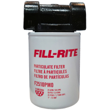 Filtro para Combustível Fill-Rite, acoplado a um cabeçote de montagem preto. O filtro é de cor branca com escritas em vermelho, indicando as informações do produto.