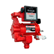 Estação de abastecimento Fill-Rite com bomba elétrica industrial vermelha, medidor mecânico de vazão integrado, motor elétrico acoplado e conexões metálicas para transferência de combustíveis e fluidos.