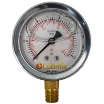 Manômetro analógico Lubmix com mostrador circular, escala dupla em psi e bar e conexão inferior em latão.