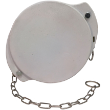 Tampa circular branca em alumínio com corrente metálica de segurança fixada na lateral.