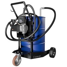 Unidade móvel de abastecimento elétrica Lubmix MIX-UMA-EA640 12V para diesel, com tambor, bomba de palhetas, medidor mecânico, bico automático, mangueiras e carrinho com rodas.